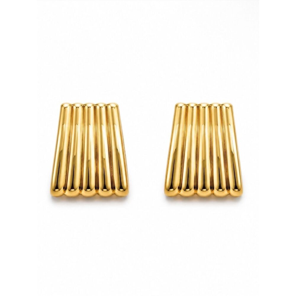 Gold Ribbed Fluted Rectangle Stud Earrings - Picture 2 of 2